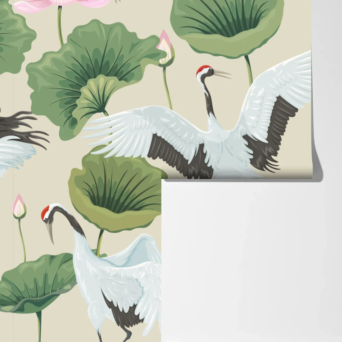 Fototapete elegantes muster mit kranichen und lotusblumen Fototapete elegantes muster mit kranichen und lotusblumen