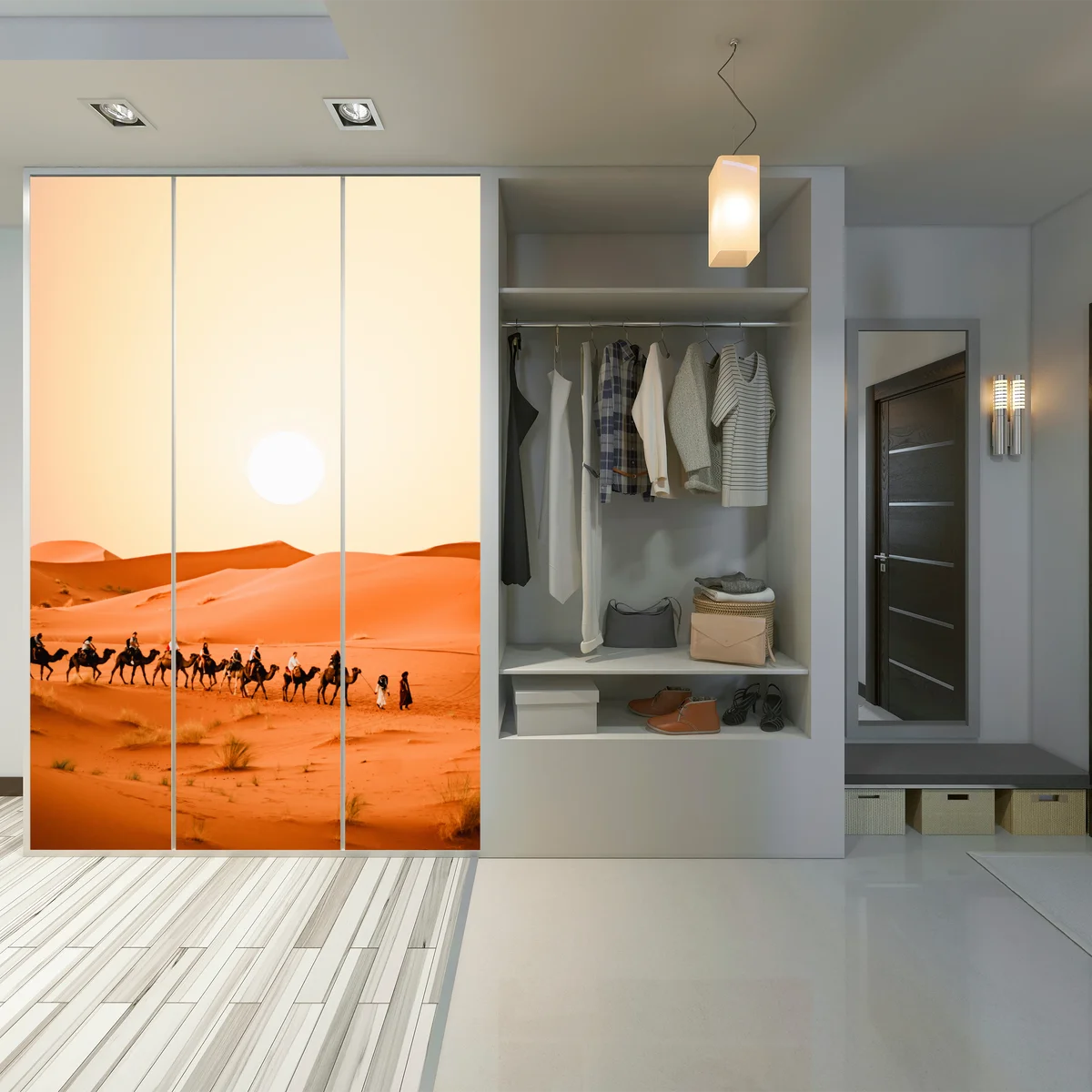 Schrankaufkleber karawane von kamelen in der wüste bei sonnenuntergang Schrankaufkleber karawane von kamelen in der wüste bei sonnenuntergang