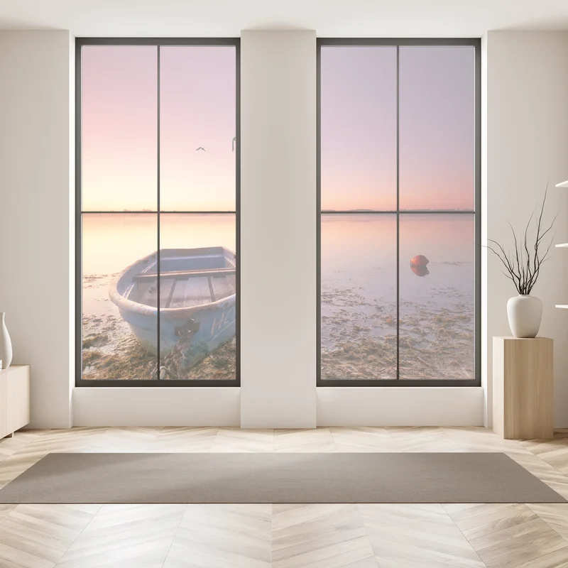 Naklejka na okno spokojna łódź o zmierzchu nad jeziorem