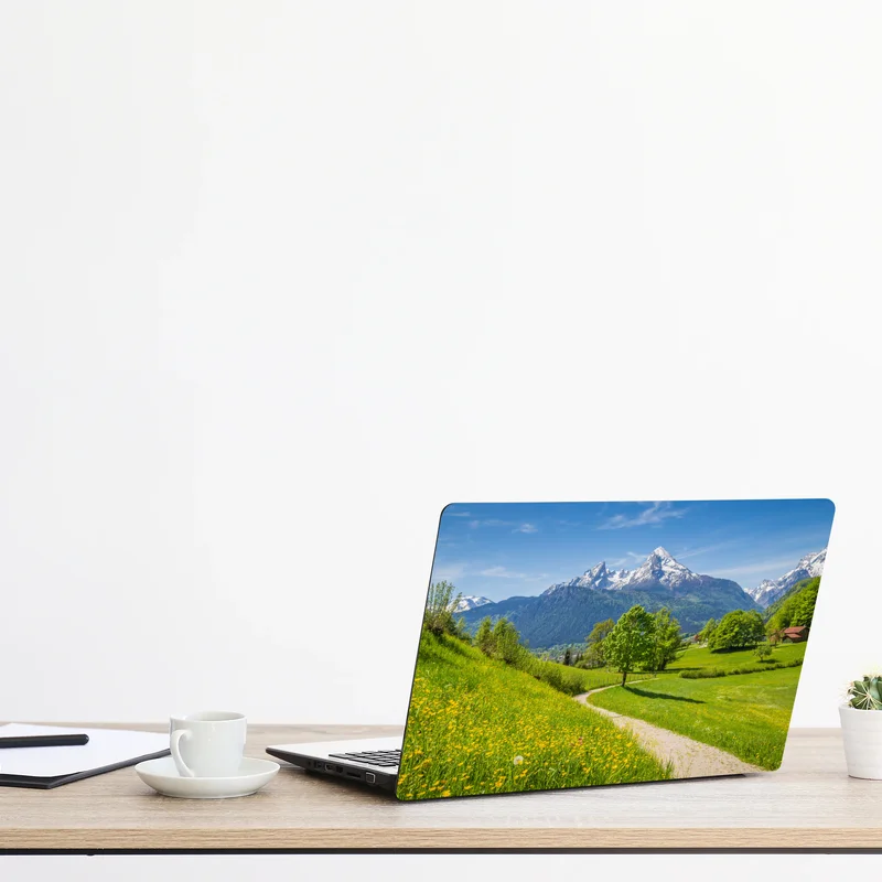 Laptop-Aufkleber alpine frühlingswiese mit schneebedeckten gipfeln