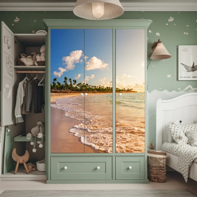 Schrankaufkleber tropischer sonnenuntergang am strand mit palmensilhouetten