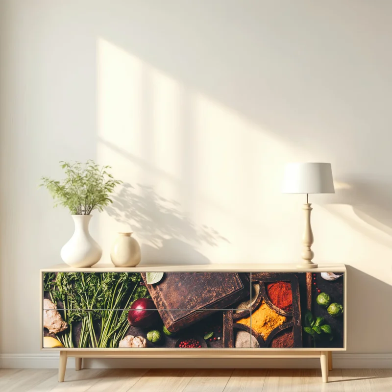 Repositionierbarer Aufkleber rustikales stillleben mit gewürzen und gemüse