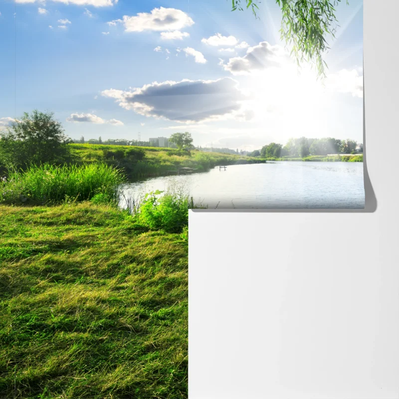 Fototapete sonnenbeschienenes flussufer mit üppigem grün Fototapete sonnenbeschienenes flussufer mit üppigem grün