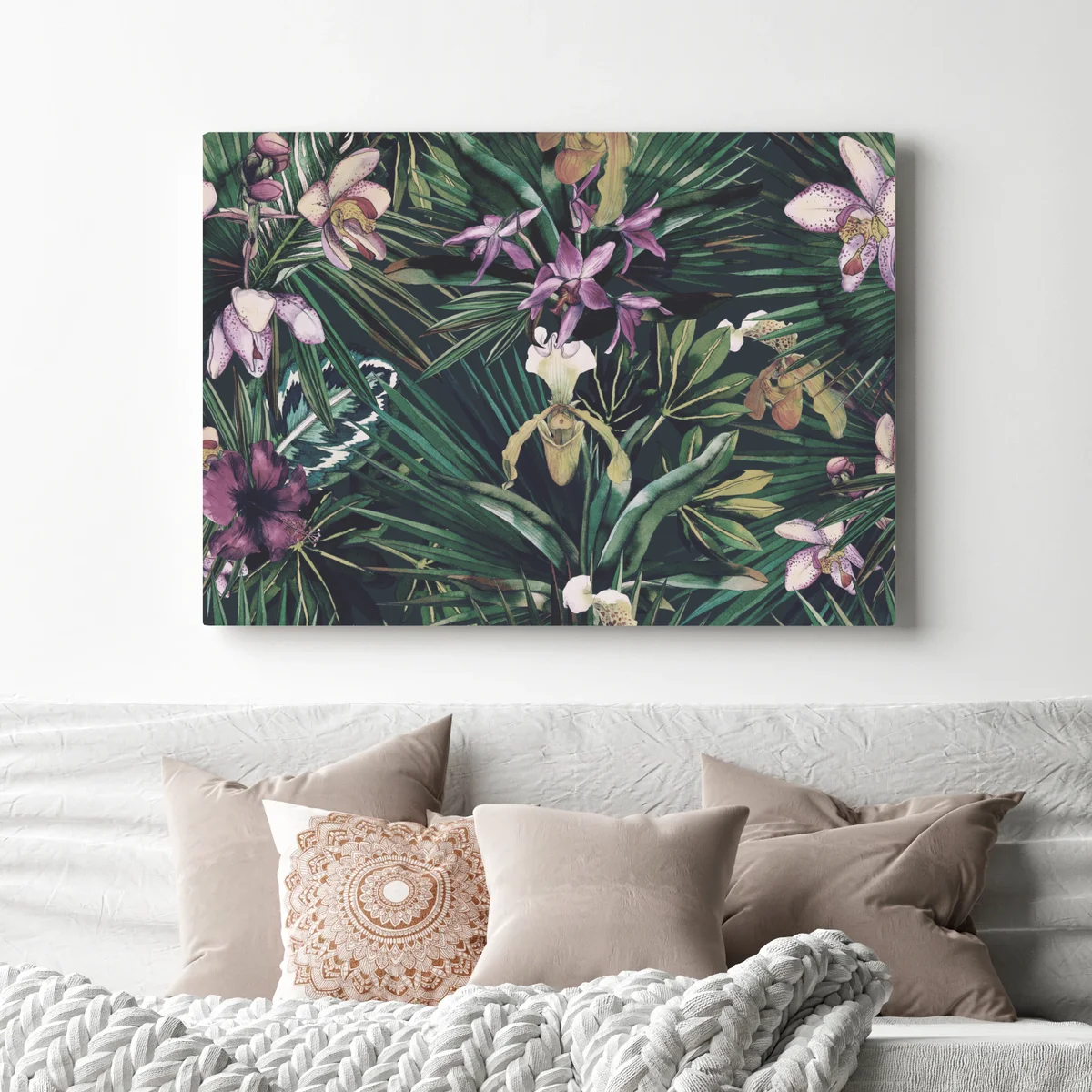 Leinwandbild tropische orchideen in aquarell und palmblättern Leinwandbild tropische orchideen in aquarell und palmblättern