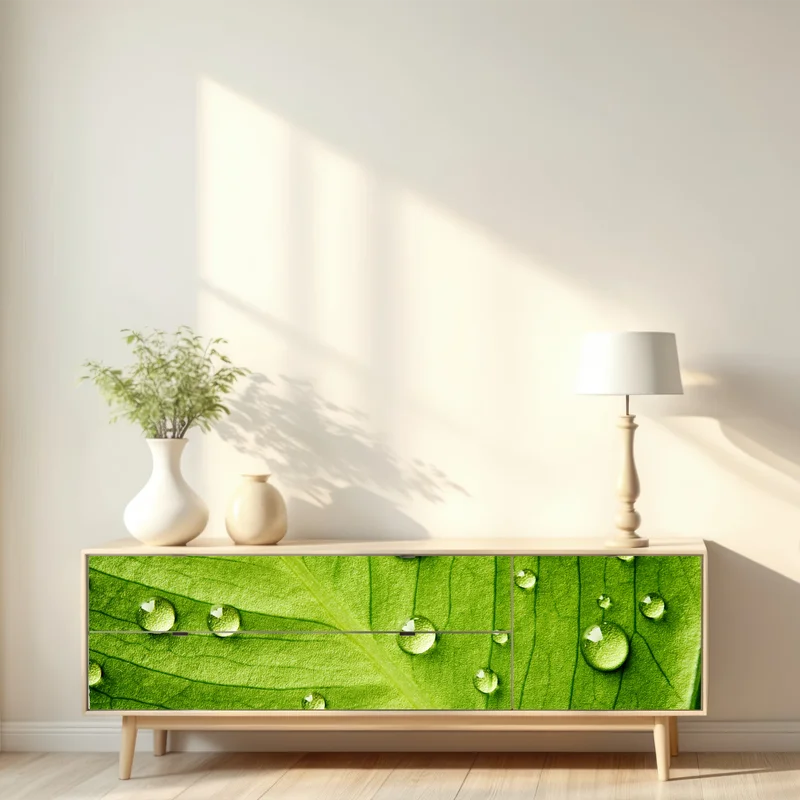 Repositionierbarer Aufkleber frisches grünes blatt mit wassertropfen