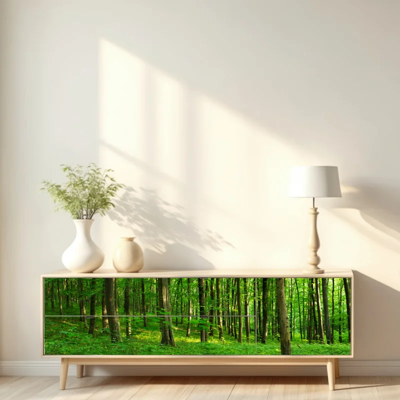 Repositionierbarer Aufkleber sonniger grüner wald im frühling Repositionierbarer Aufkleber sonniger grüner wald im frühling