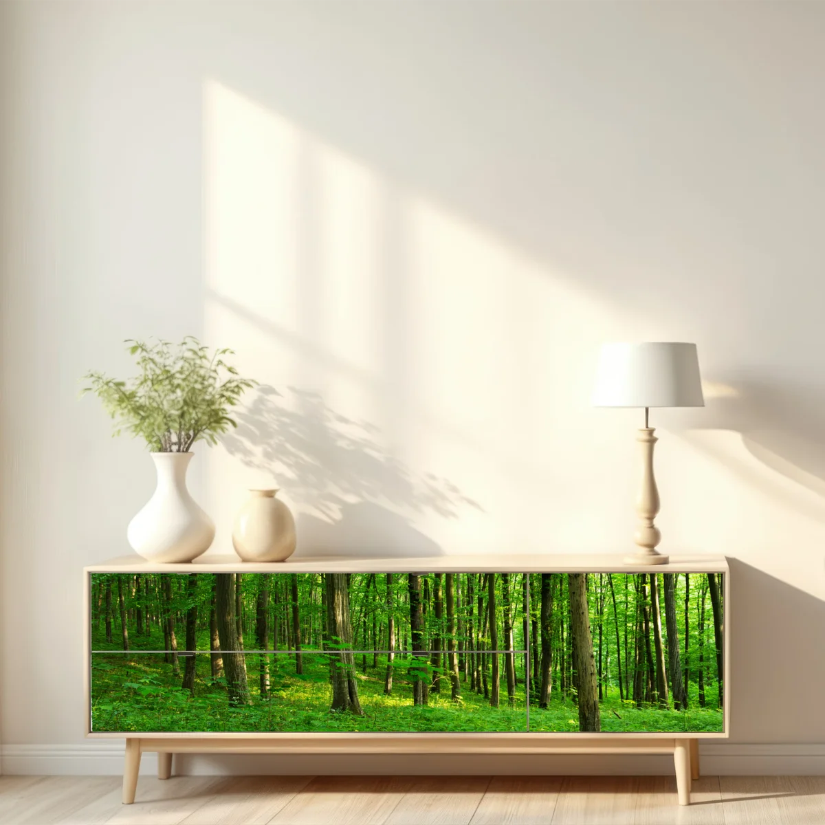 Repositionierbarer Aufkleber sonniger grüner wald im frühling Repositionierbarer Aufkleber sonniger grüner wald im frühling