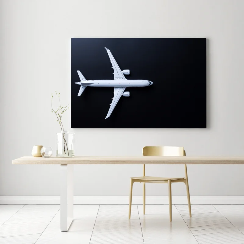 Leinwandbild weißes flugzeug von oben auf schwarzem hintergrund Leinwandbild weißes flugzeug von oben auf schwarzem hintergrund