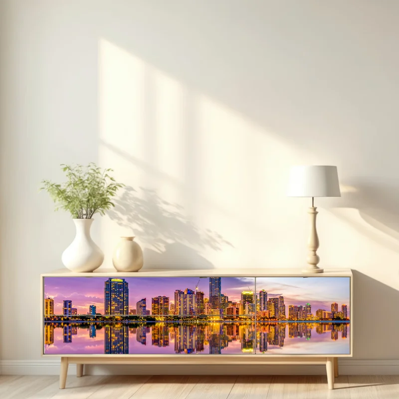 Repositionierbarer Aufkleber Miami skyline gespiegelt in Biscayne Bay