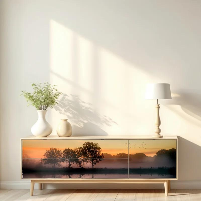 Repositionierbarer Aufkleber nebliger herbstlicher sonnenaufgang über Englischer landschaft