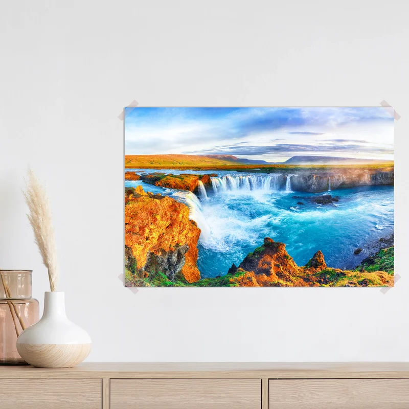 Poster panorama des wasserfalls Godafoss bei sonnenaufgang Poster panorama des wasserfalls Godafoss bei sonnenaufgang