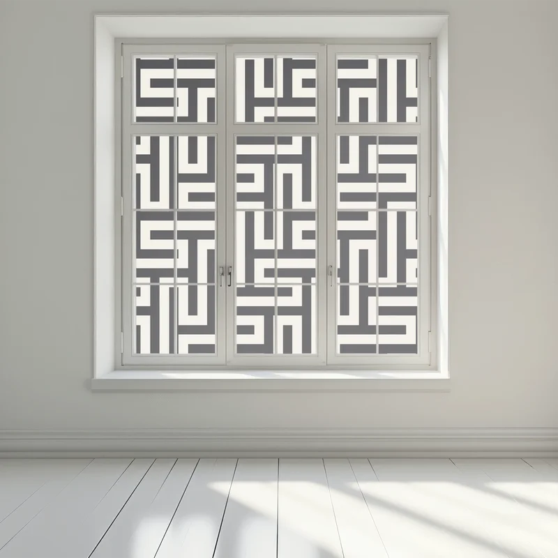Fensteraufkleber geometrisches labyrinthmuster in beige und schwarz