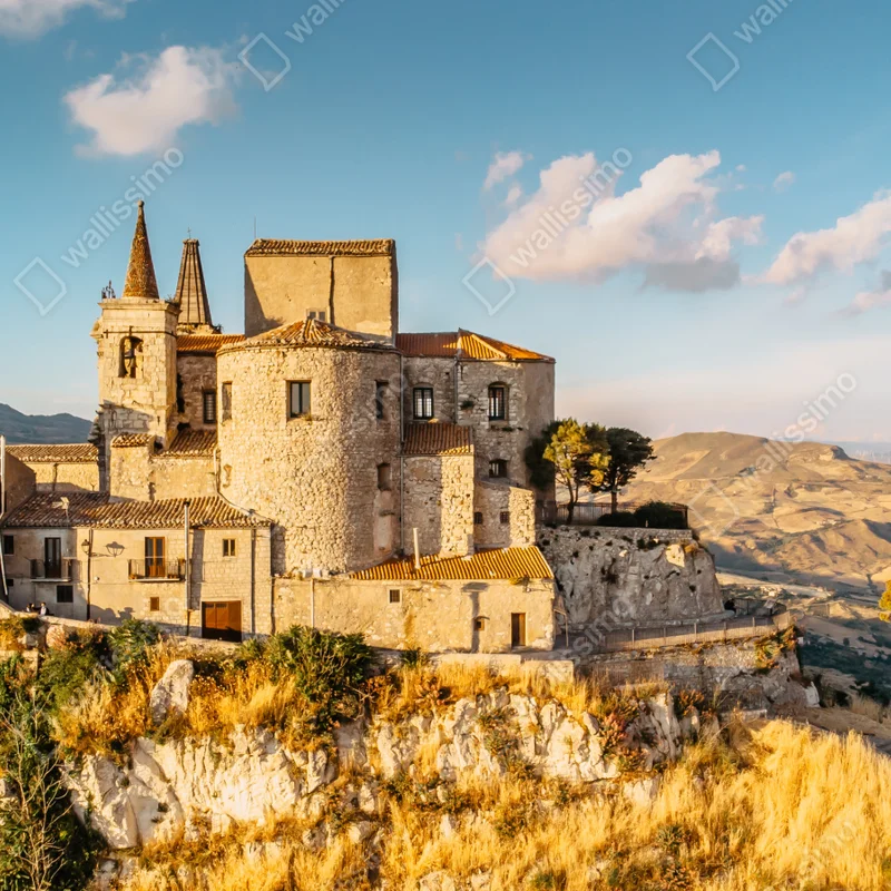 Poster sonnenverwöhntes hügeldorf über sanften hügeln • Poster bei Wallnifity® Poster sonnenverwöhntes hügeldorf über sanften hügeln • Poster bei Wallnifity®