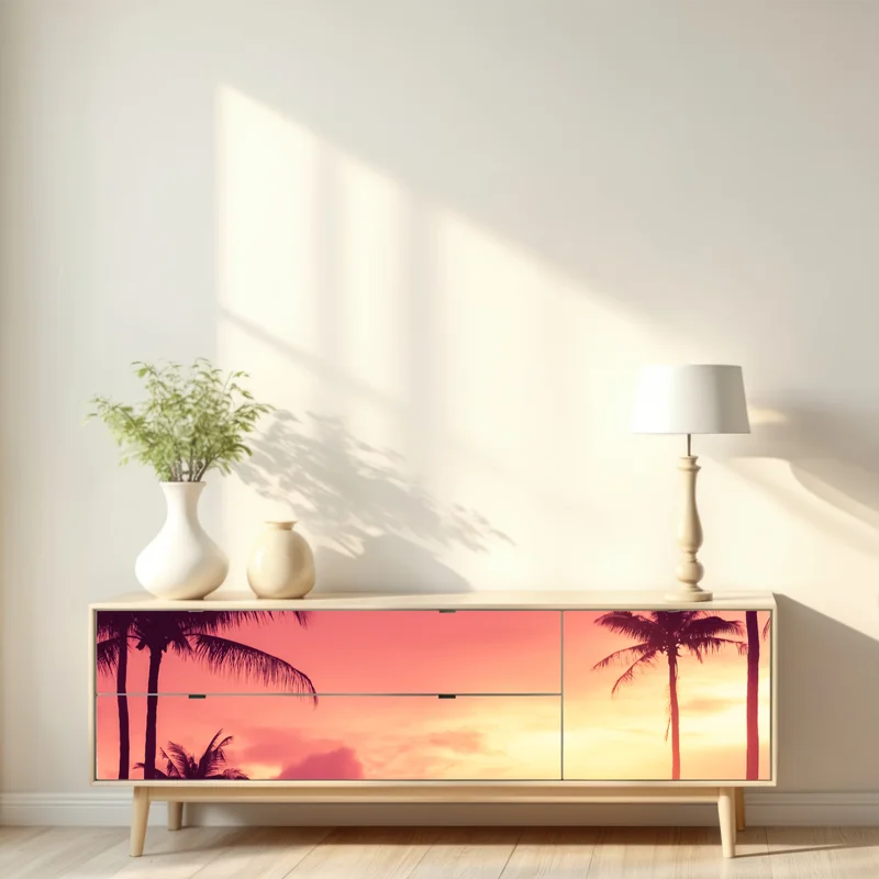 Repositionierbarer Aufkleber rosa tropischer sonnenuntergang mit palmen