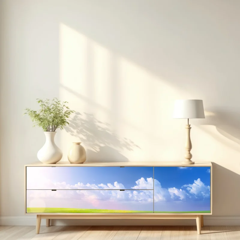 Repositionierbarer Aufkleber sonnige frühlingswiese unter blauem himmel