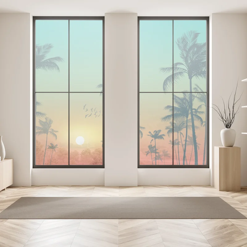 Fensteraufkleber tropischer sonnenuntergang mit palmensilhouetten Fensteraufkleber tropischer sonnenuntergang mit palmensilhouetten