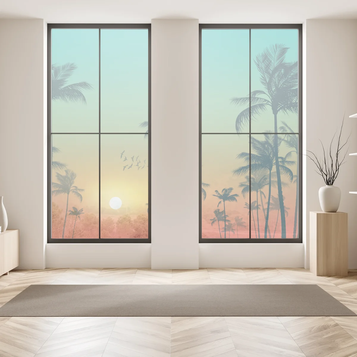 Fensteraufkleber tropischer sonnenuntergang mit palmensilhouetten Fensteraufkleber tropischer sonnenuntergang mit palmensilhouetten