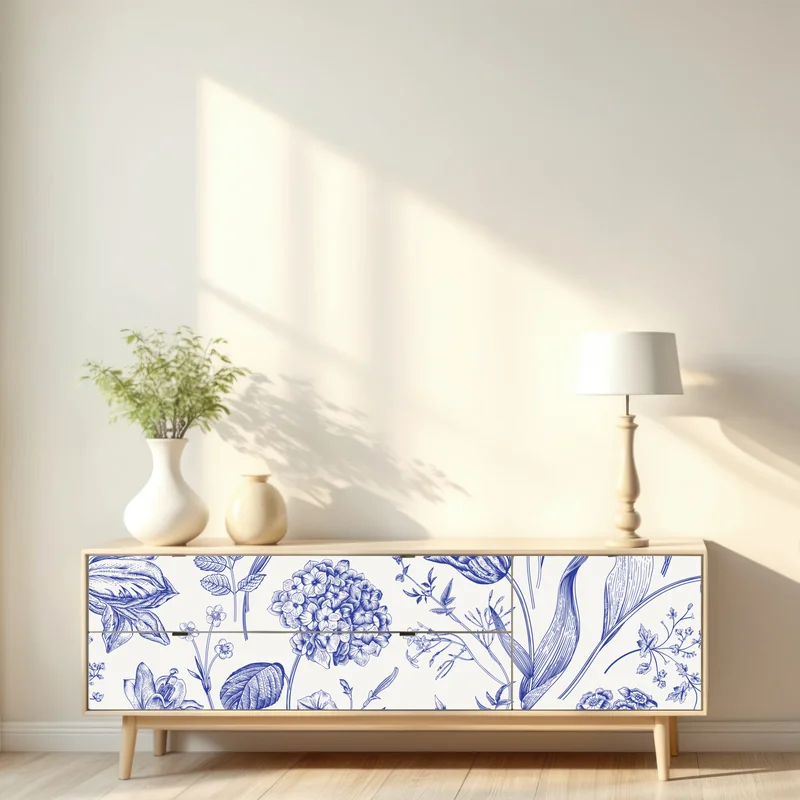 Repositionierbarer Aufkleber klassisches blaues toile blumenmuster