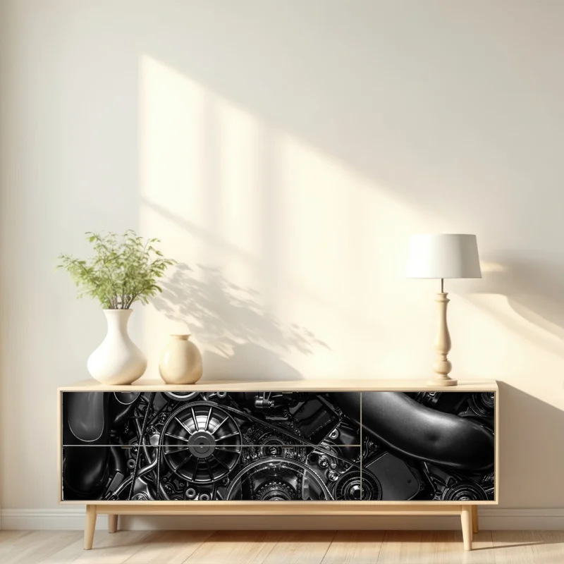 Repositionierbarer Aufkleber präzise motor-nahaufnahme im industrial-stil