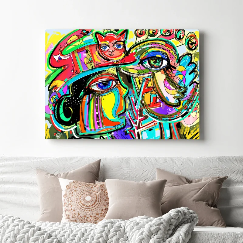 Leinwandbild lebendige abstrakte gesichter mit katze und vogel Leinwandbild lebendige abstrakte gesichter mit katze und vogel