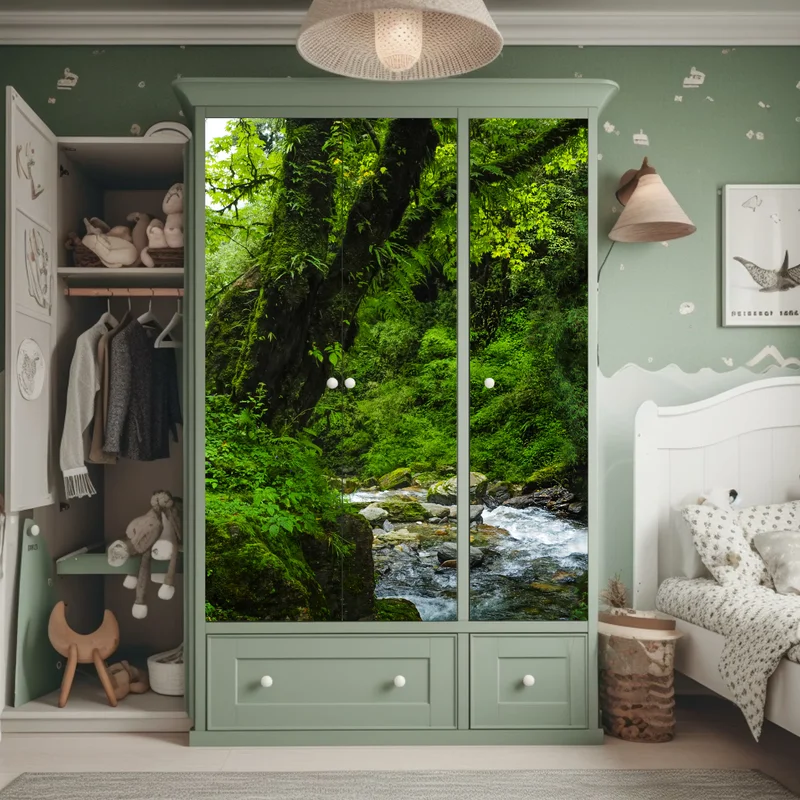 Schrankaufkleber üppiger grüner wasserfall im wald Schrankaufkleber üppiger grüner wasserfall im wald