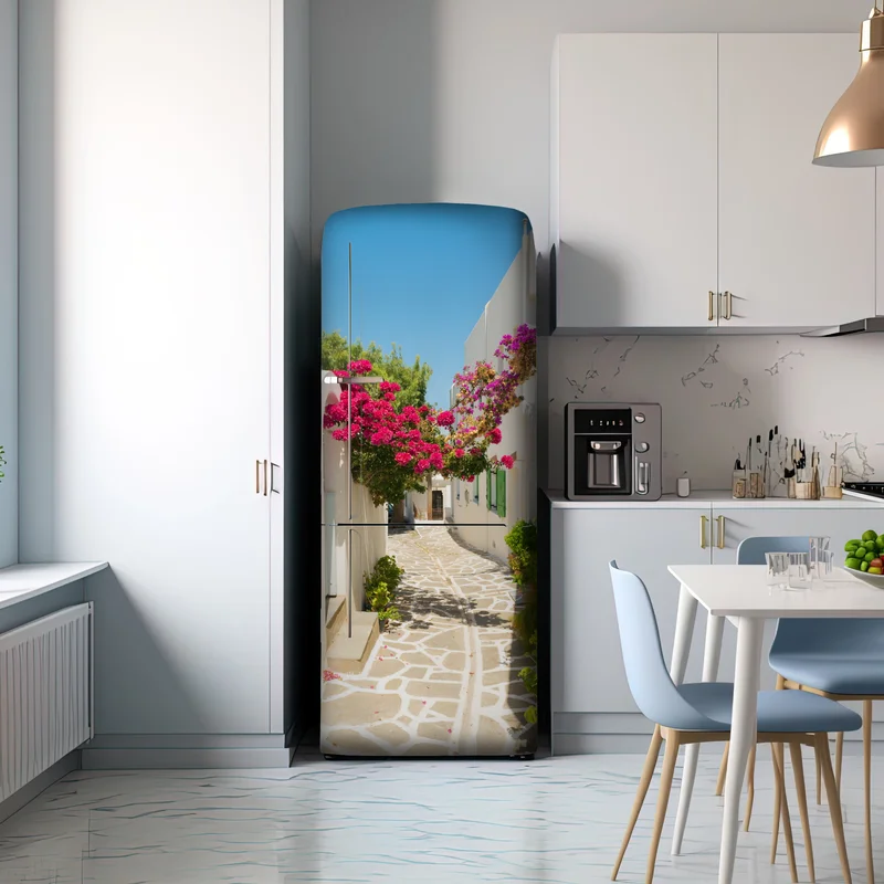 Kühlschrankaufkleber sonnige mediterrane gasse mit bougainvillea