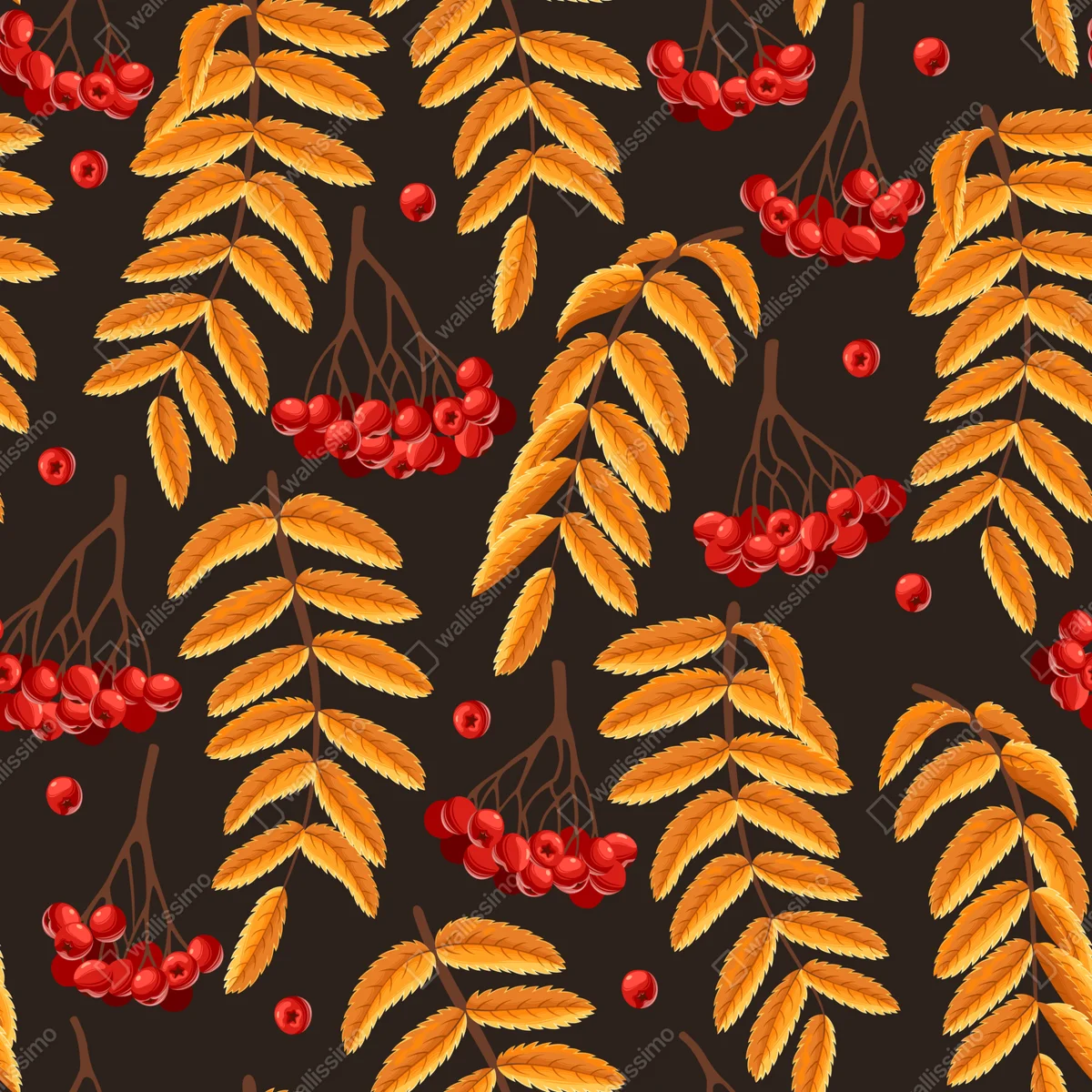 Fototapete herbstliches muster mit vogelbeeren und blättern Fototapete herbstliches muster mit vogelbeeren und blättern