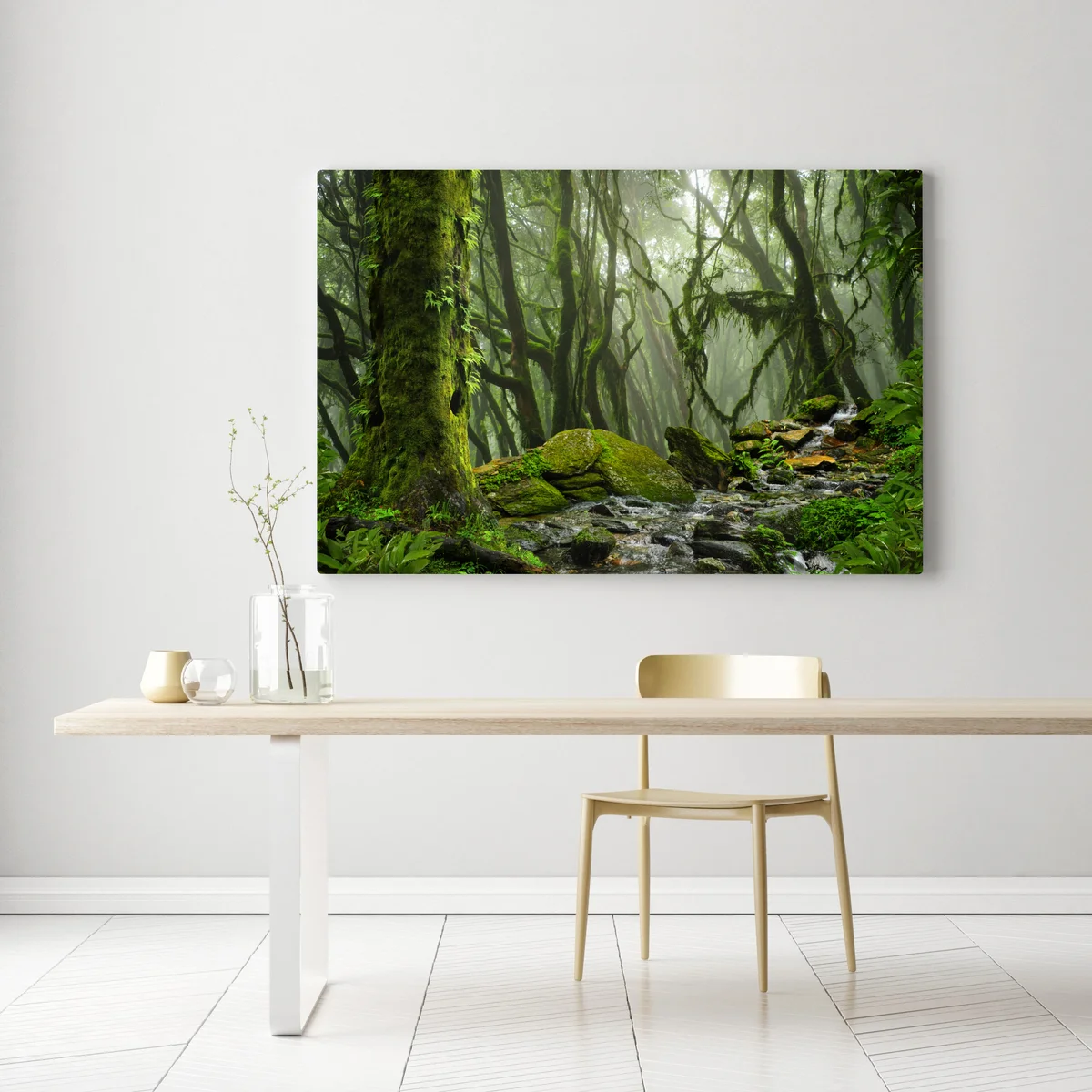 Leinwandbild moosiger wald mit bach im nebel Leinwandbild moosiger wald mit bach im nebel