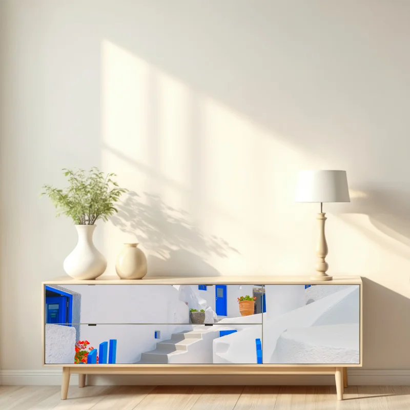 Repositionierbarer Aufkleber Santorini weiße häuser mit blauen akzenten