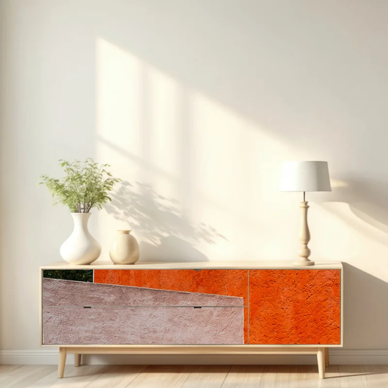 Repositionierbarer Aufkleber mutige geometrische fassade in orange und türkis