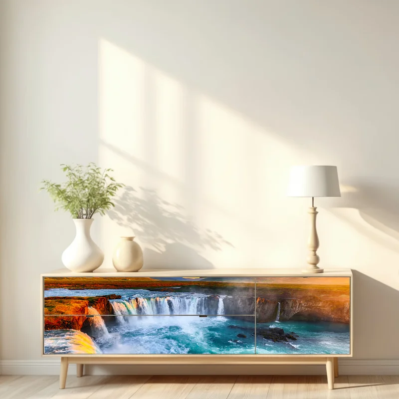 Repositionierbarer Aufkleber Godafoss wasserfall bei sonnenaufgang