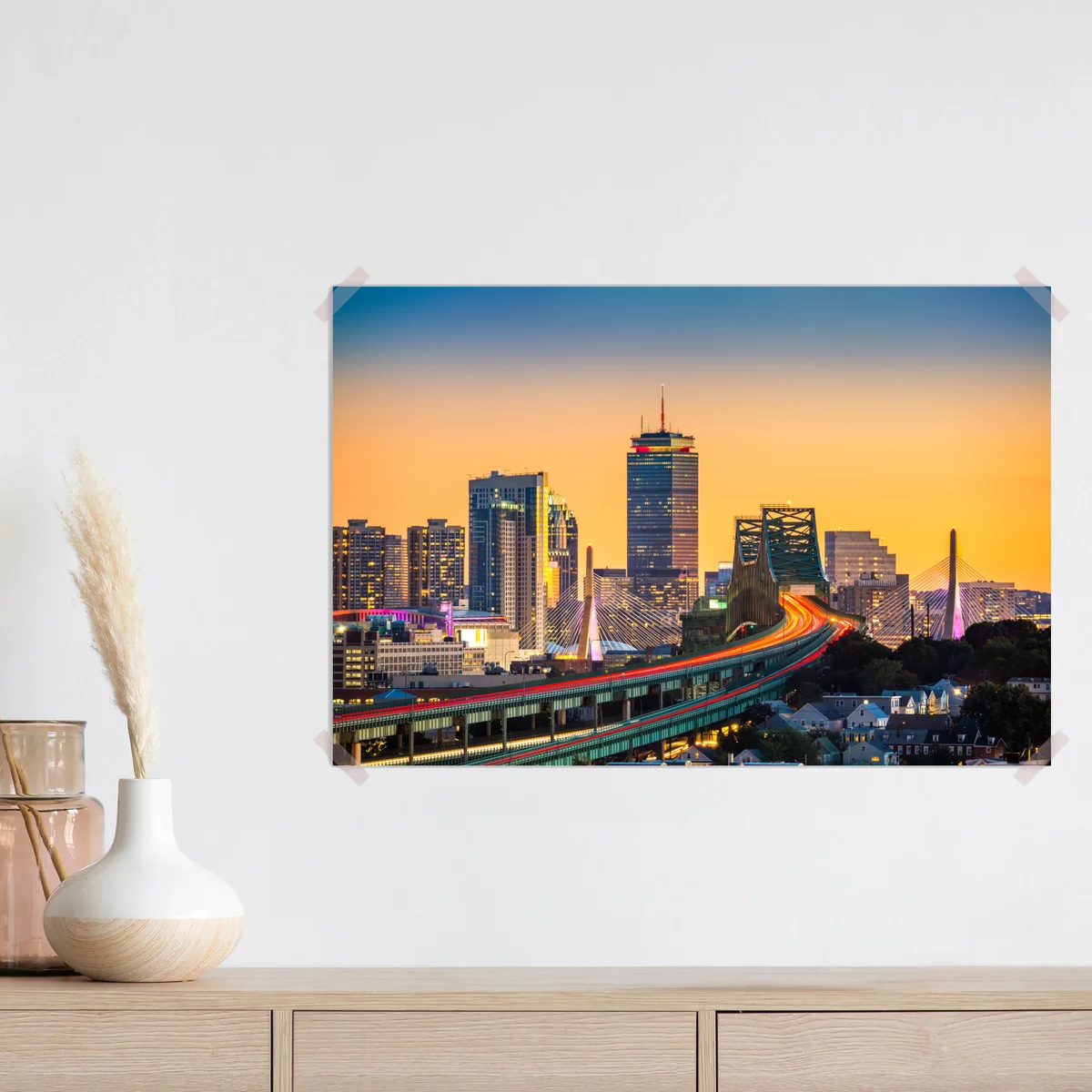 Poster panorama von Boston bei sonnenuntergang mit Zakim und Tobin brücken Poster panorama von Boston bei sonnenuntergang mit Zakim und Tobin brücken