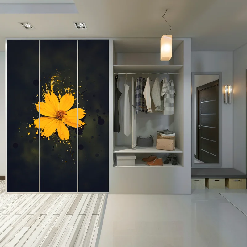 Schrankaufkleber leuchtende gelbe blüte auf dunklem hintergrund Schrankaufkleber leuchtende gelbe blüte auf dunklem hintergrund