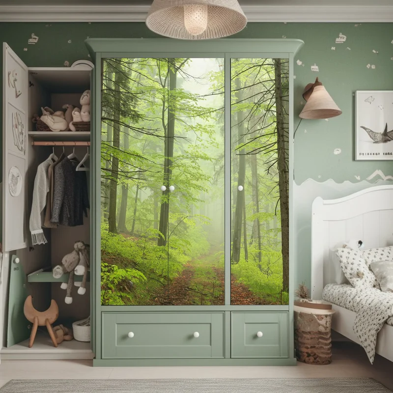 Schrankaufkleber nebliger grüner waldpfad