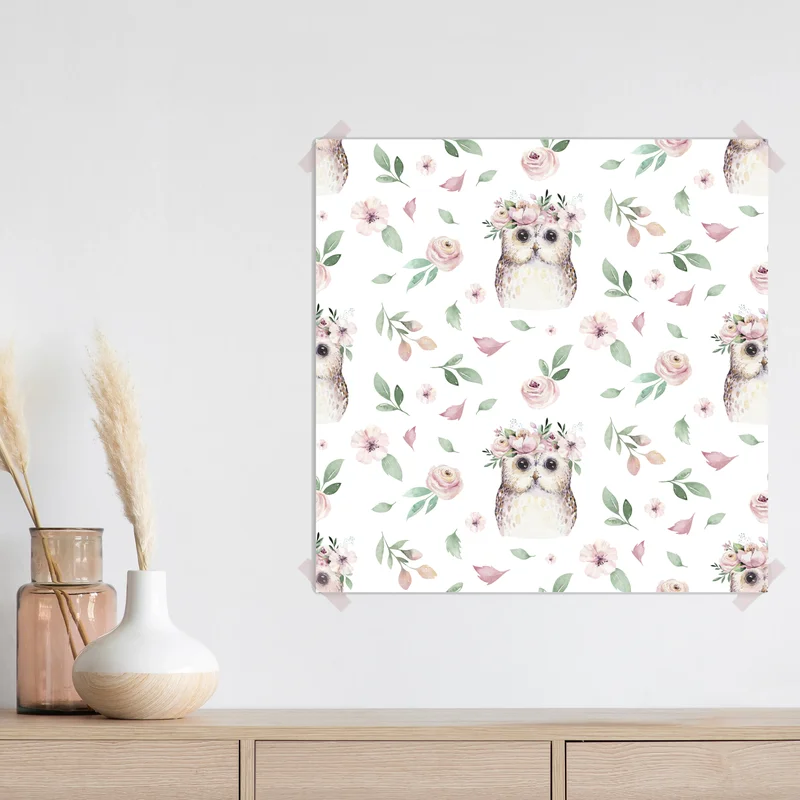 Poster pastell-eule mit blumenkranz • Poster bei Wallnifity® Poster pastell-eule mit blumenkranz • Poster bei Wallnifity®