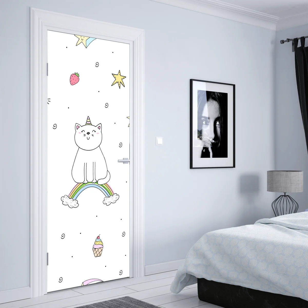 Türaufkleber pastell-einhornkatze auf dem regenbogen Türaufkleber pastell-einhornkatze auf dem regenbogen