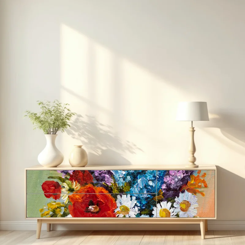 Repositionierbarer Aufkleber farbenfroher blumenstrauß in vase