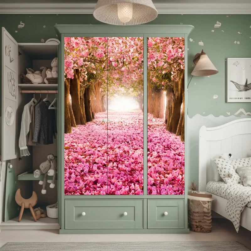 Schrankaufkleber rosa blütenallee unter kirschbäumen