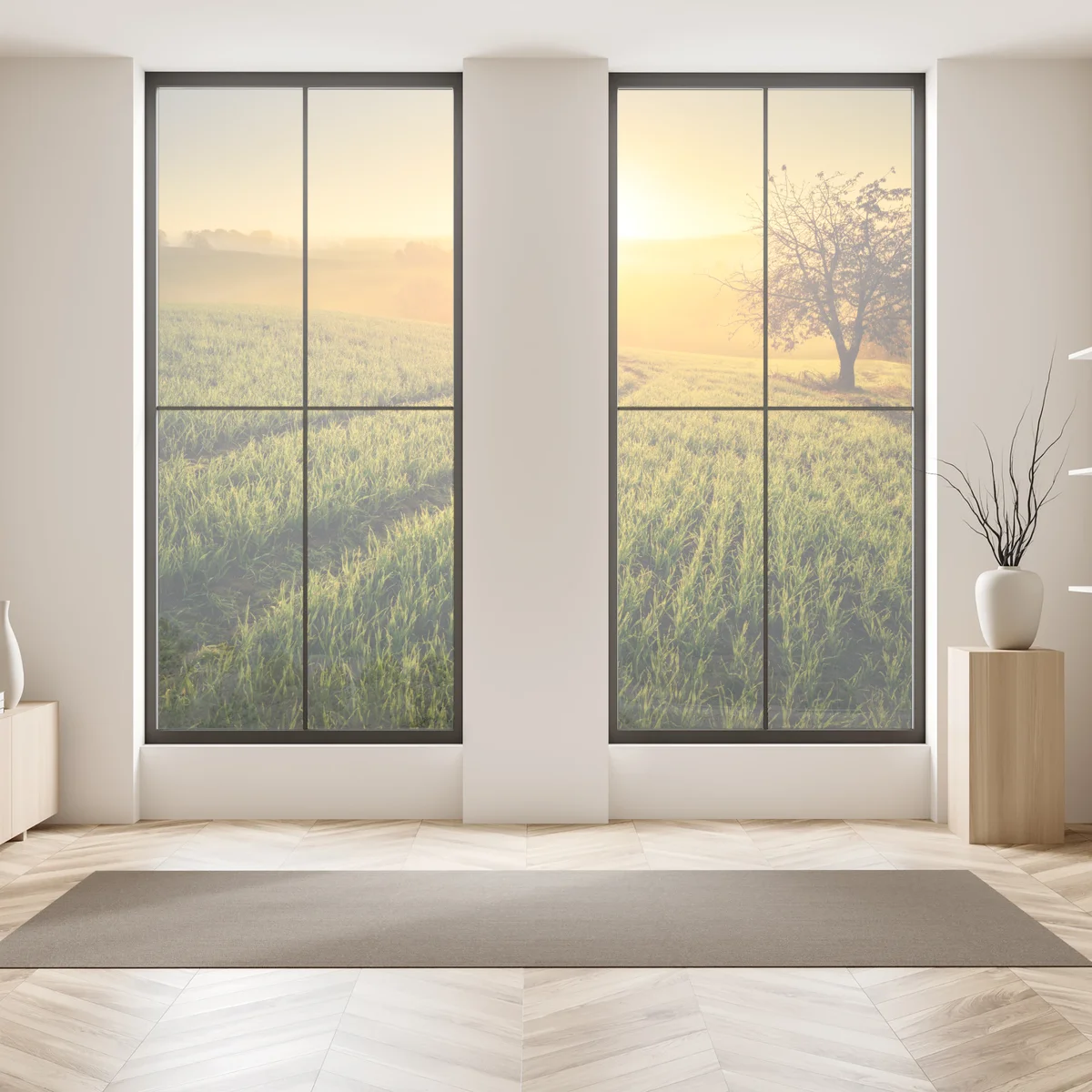 Fensteraufkleber sonnenbeschienene wiese im frühlicht Fensteraufkleber sonnenbeschienene wiese im frühlicht