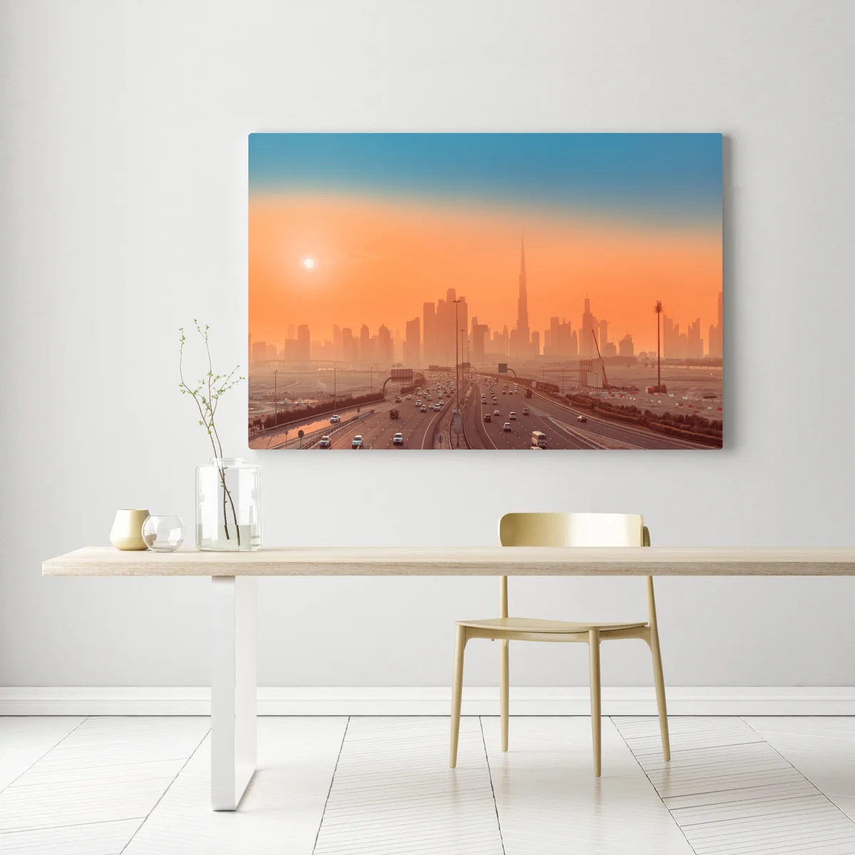Leinwandbild Dubai skyline bei sonnenaufgang Leinwandbild Dubai skyline bei sonnenaufgang