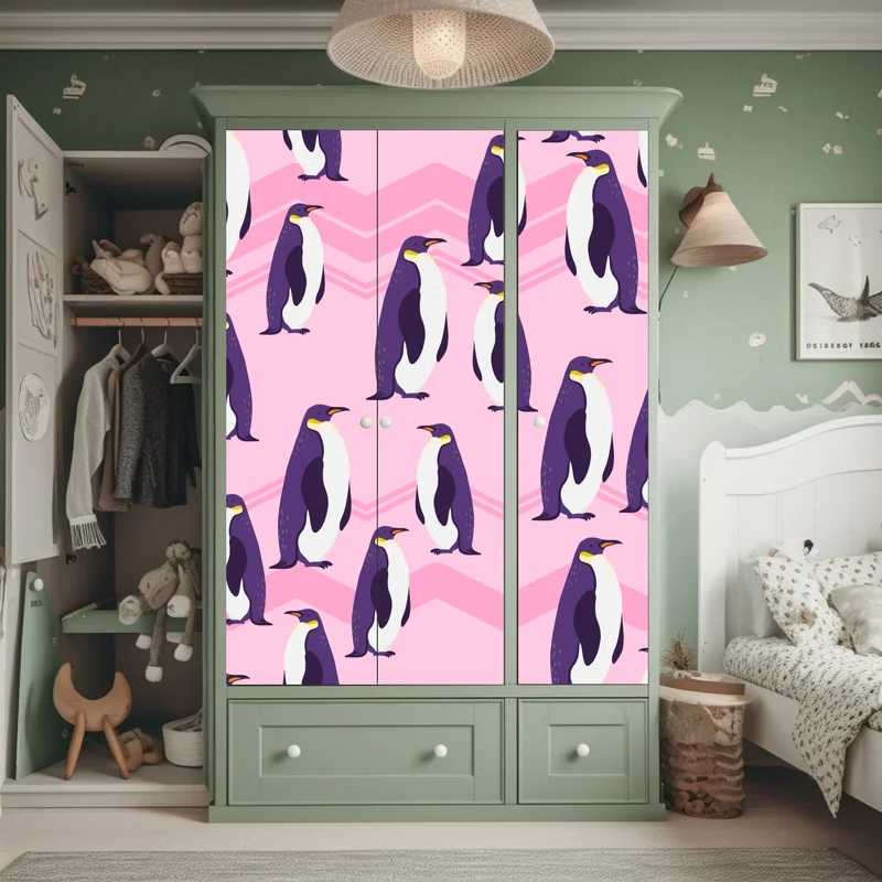 Schrankaufkleber verspieltes muster mit violetten pinguinen auf rosa hintergrund