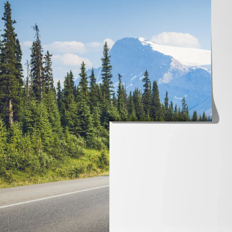 Fototapete straße durch kiefernwald zu gletschersee und bergen Fototapete straße durch kiefernwald zu gletschersee und bergen