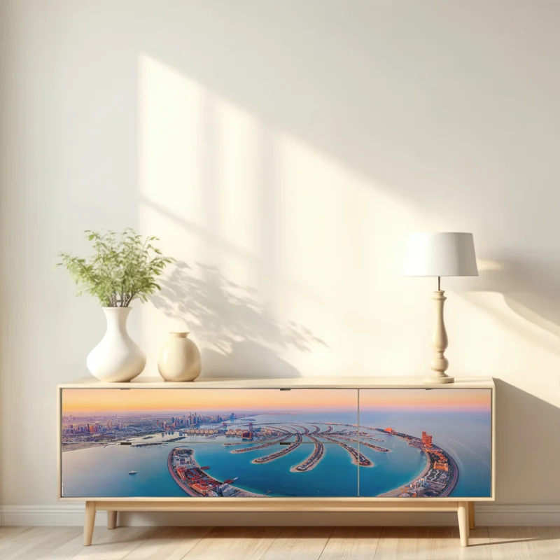 Repositionierbarer Aufkleber sonnenuntergang über Palm Jumeirah luftaufnahme