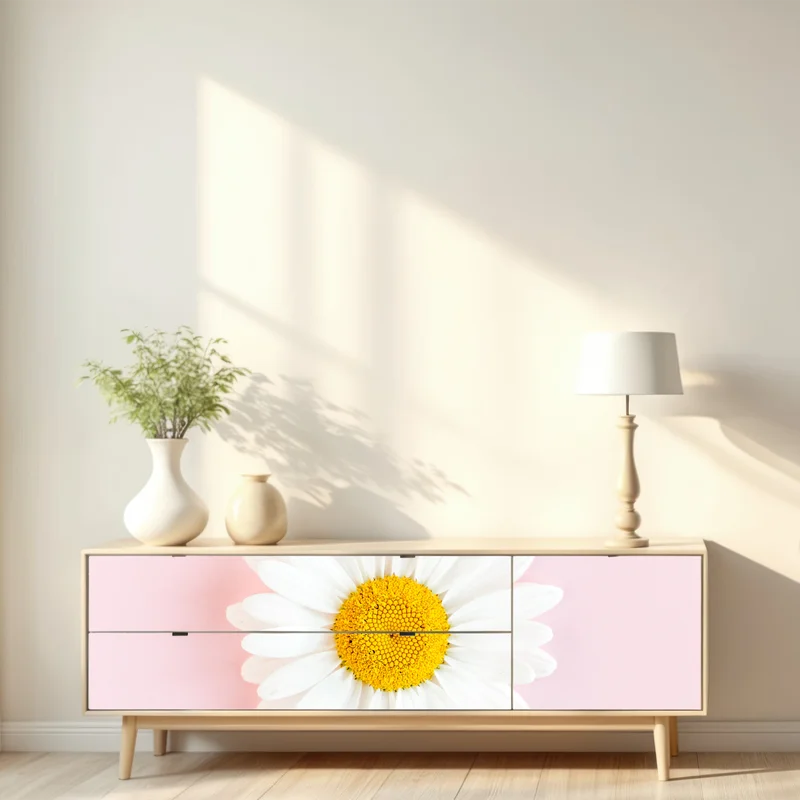 Repositionierbarer Aufkleber weißes gänseblümchen auf pastellrosa hintergrund