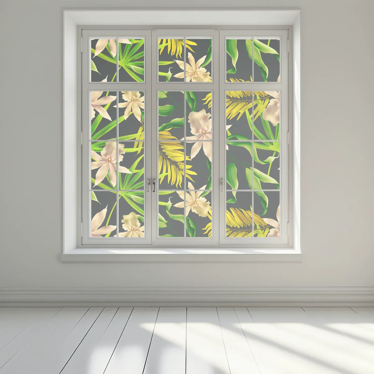 Fensteraufkleber tropisches orchideenmuster auf dunklem hintergrund Fensteraufkleber tropisches orchideenmuster auf dunklem hintergrund