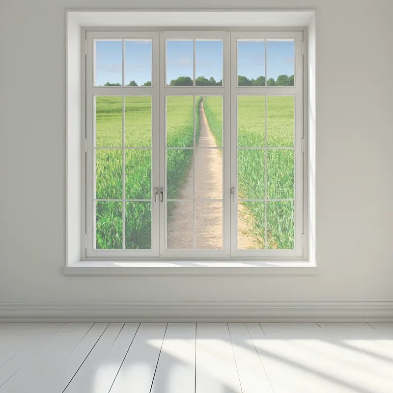 Fensteraufkleber sonnenbeschienener weg durch grüne wiese Fensteraufkleber sonnenbeschienener weg durch grüne wiese