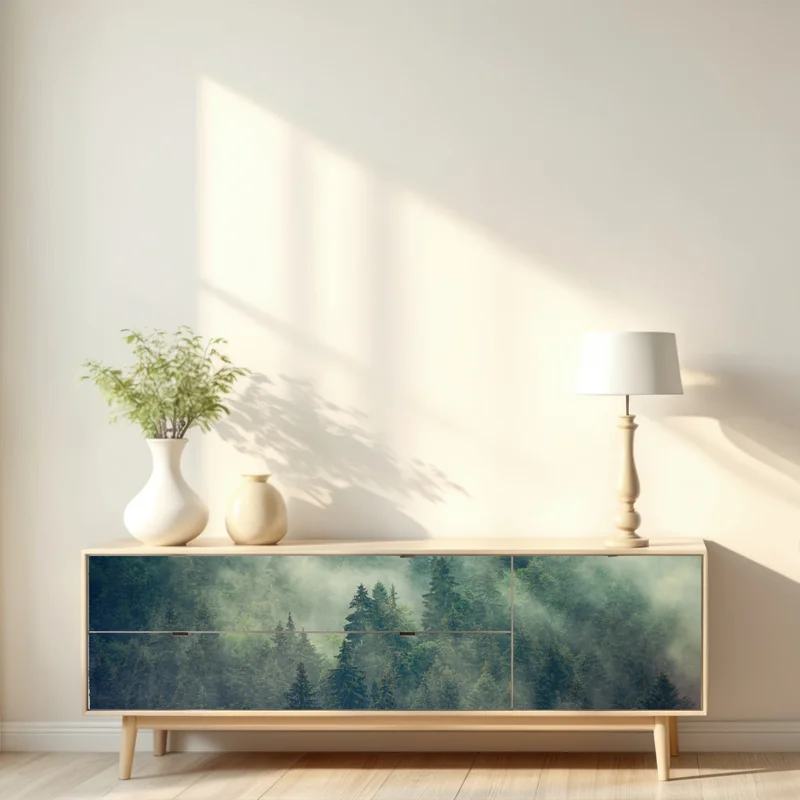 Repositionierbarer Aufkleber nebliger immergrüner wald Repositionierbarer Aufkleber nebliger immergrüner wald