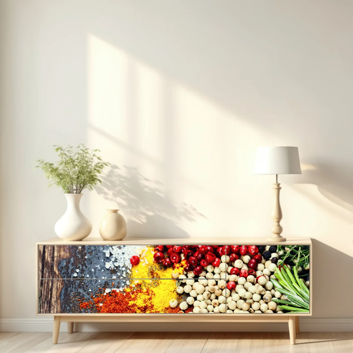 Repositionierbarer Aufkleber buntes gewürzsortiment auf rustikalem holz Repositionierbarer Aufkleber buntes gewürzsortiment auf rustikalem holz