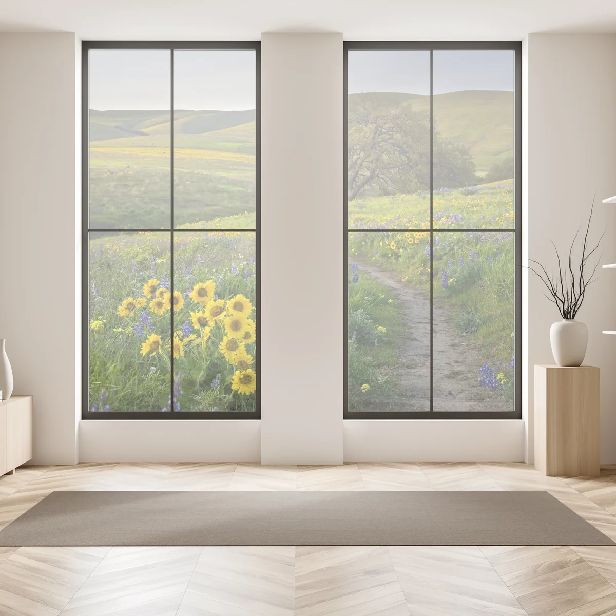 Fensteraufkleber pfad durch blumenwiese mit eichenbaum Fensteraufkleber pfad durch blumenwiese mit eichenbaum