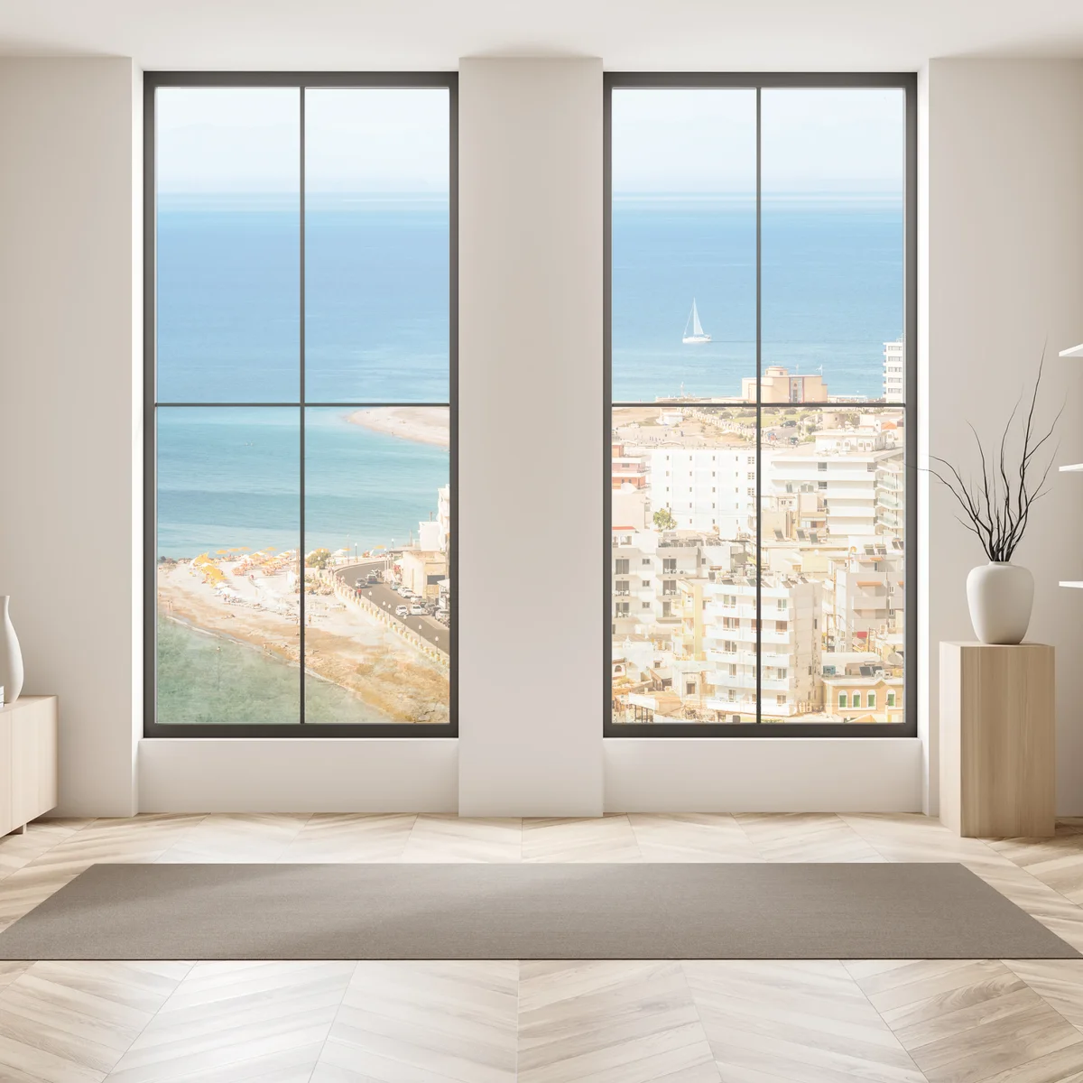 Fensteraufkleber sonnige küstenstadt-panorama mit segelboot Fensteraufkleber sonnige küstenstadt-panorama mit segelboot